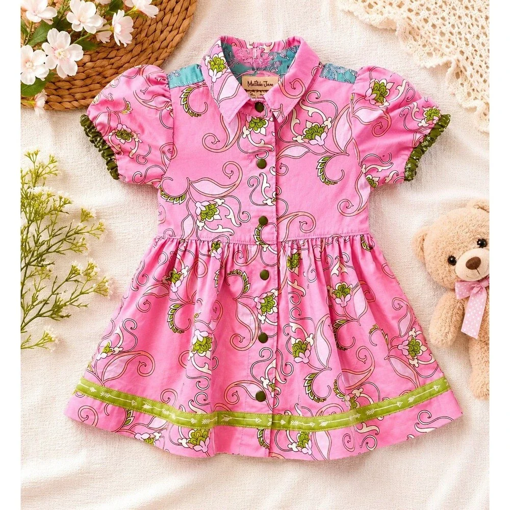 Matilda Jane Girls Pink Floral Button Front Dress Size 6M Baby Boutique